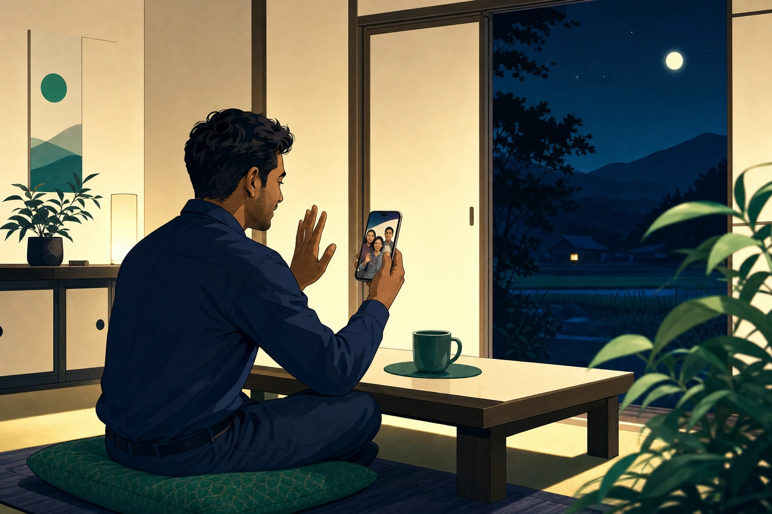 農村部の住居でスマートフォンのビデオ通話をするネパール人従業員