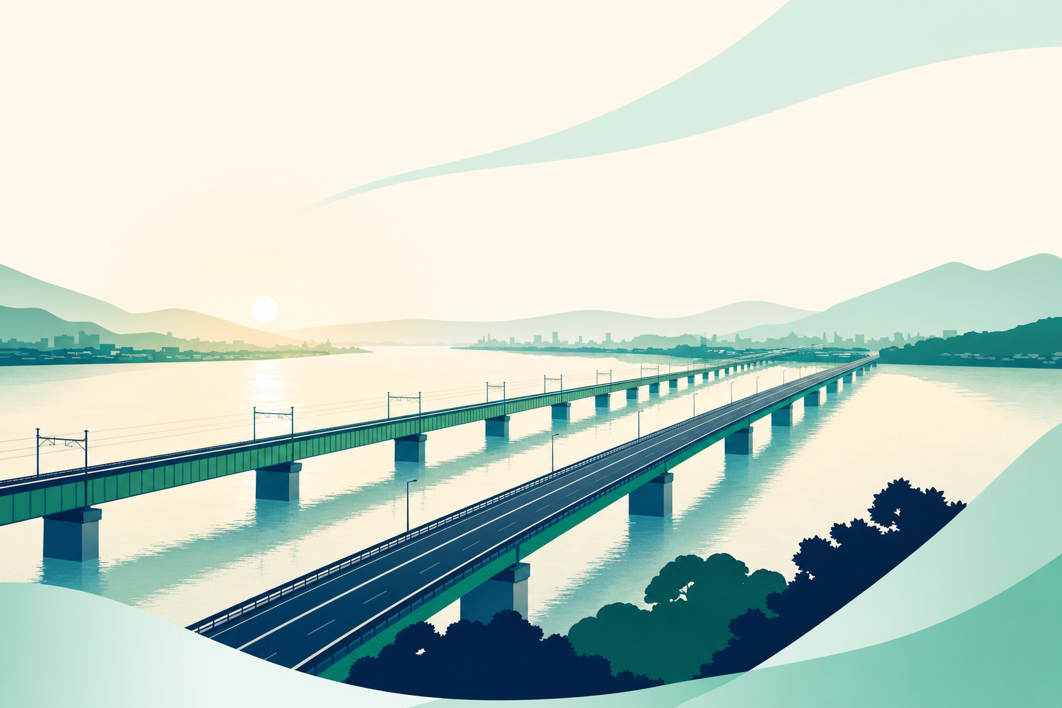 県境をまたぐ通勤路の朝の情景。東海4県の時給差が採用競争を生む構造を示す