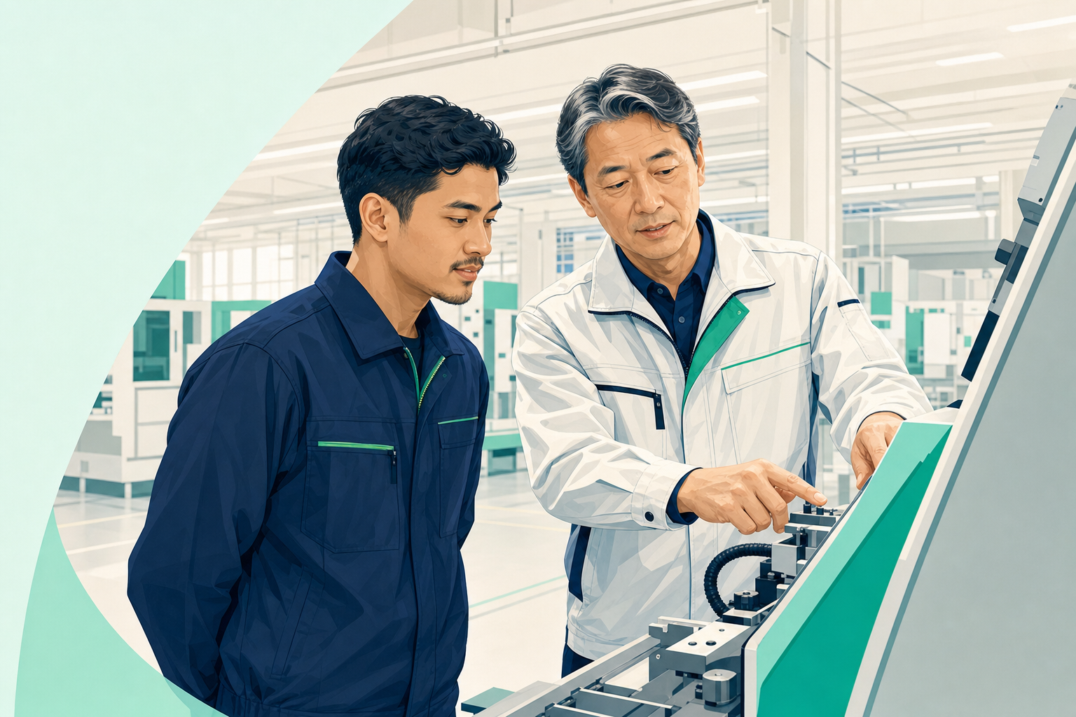 製造現場で機械を操作するネパール人作業者と、隣で手順を教える日本人の先輩社員
