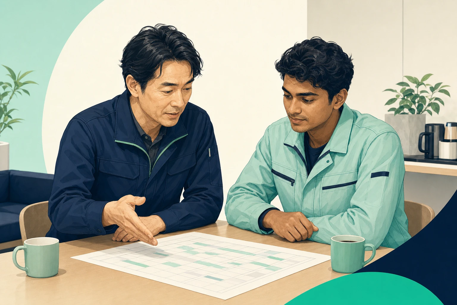休憩室でシフト表を前に打ち合わせる日本人の現場責任者とネパール人スタッフ