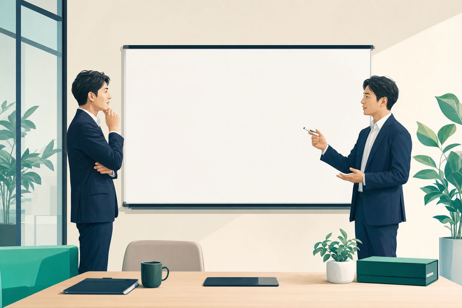 会議室のホワイトボードの前で受入れ枠の残りについて話し合う日本人のマネージャー2名