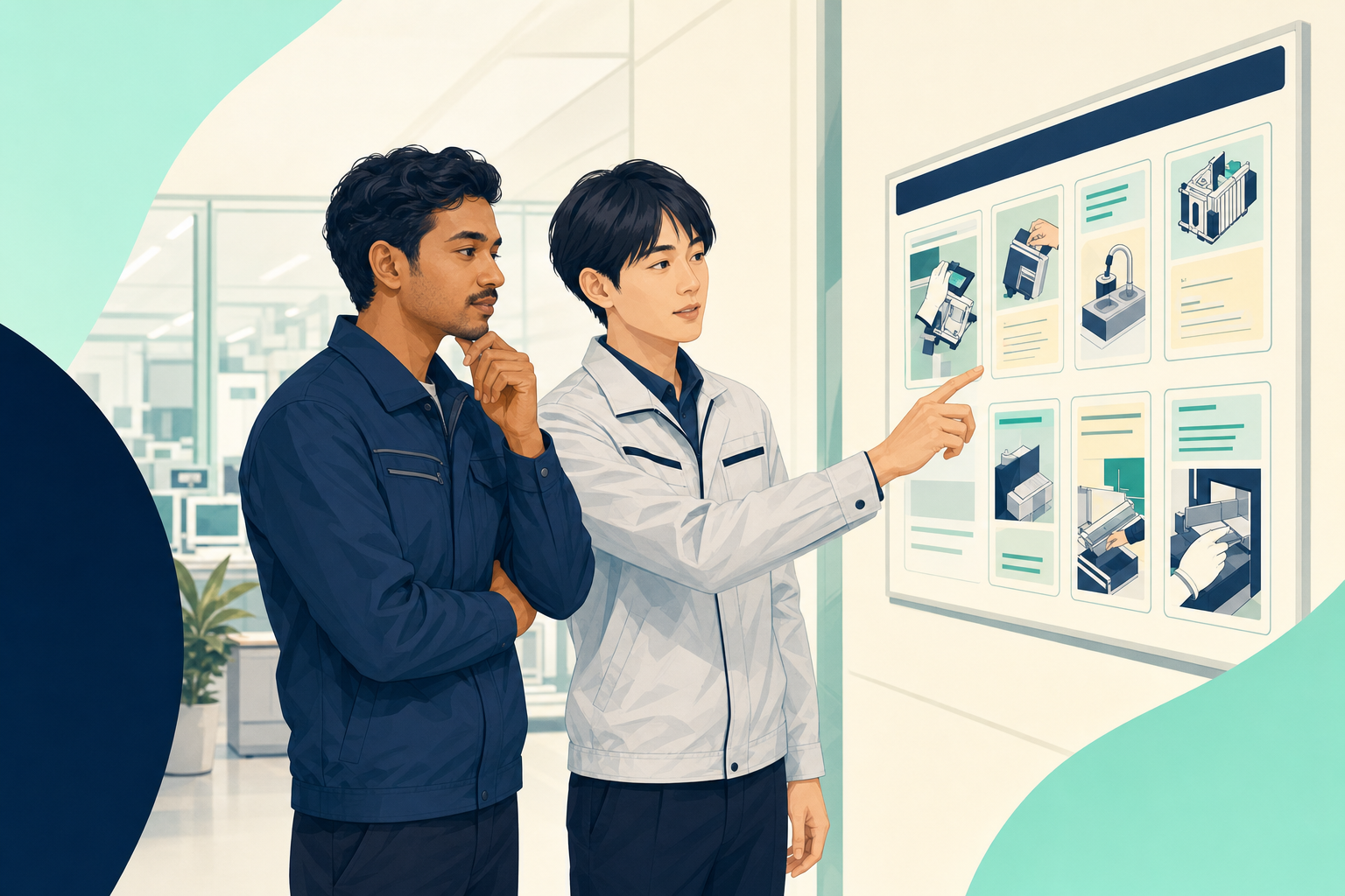 日本の職場で多言語表示のマニュアルをネパール人作業者と日本人担当者が一緒に確認している場面