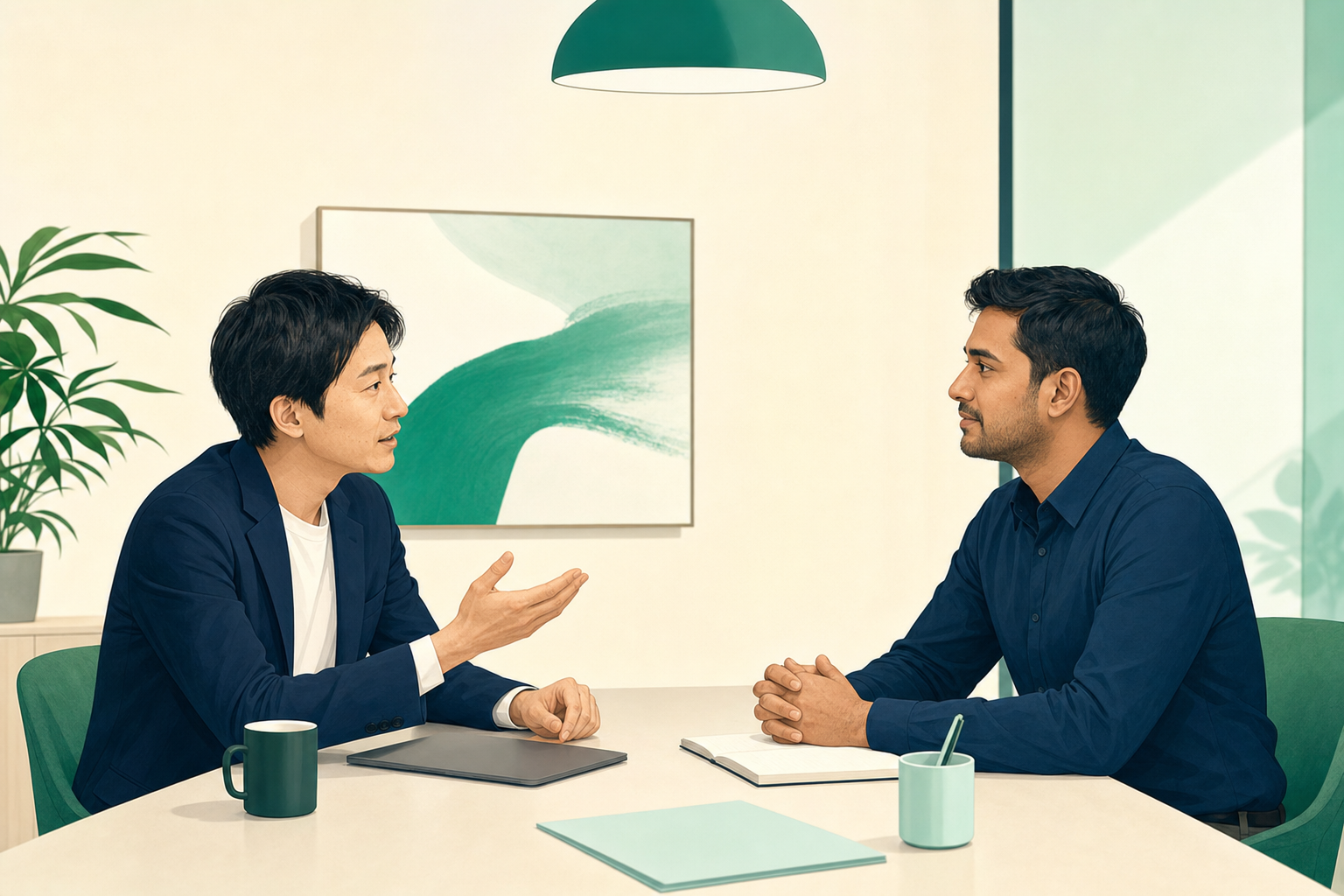 少人数の会議室で、日本人の管理職とネパール人スタッフが同じ資料を前に対等に議論している場面