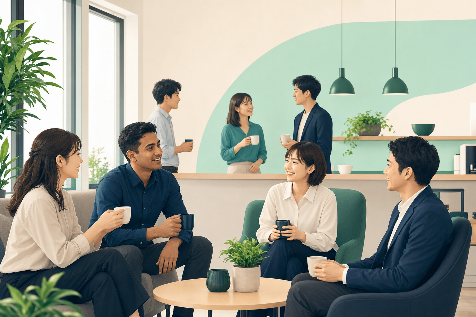 休憩スペースで日本人スタッフとネパール人スタッフが自然に混ざって話している和やかな職場の様子