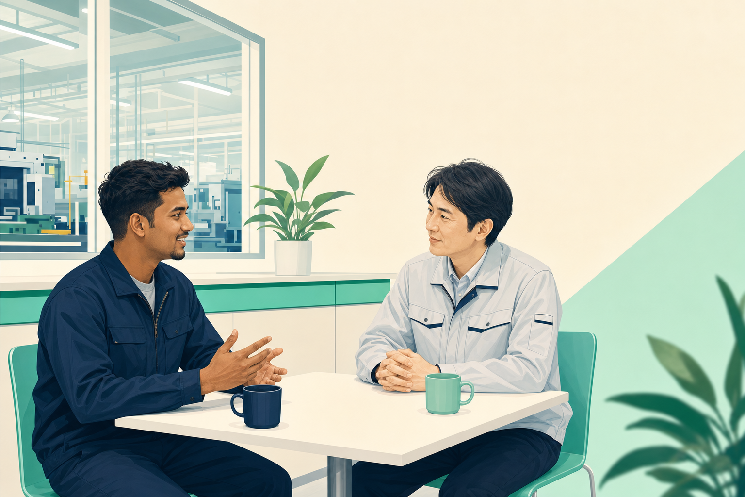 日本の工場の休憩スペースで、ネパール人の作業者が日本人の現場責任者に労働時間について相談している場面