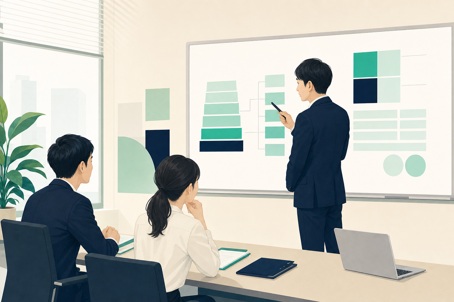 日本の事務所で、日本人の人事担当がホワイトボードの前に立ち賃金体系を組み立てている場面