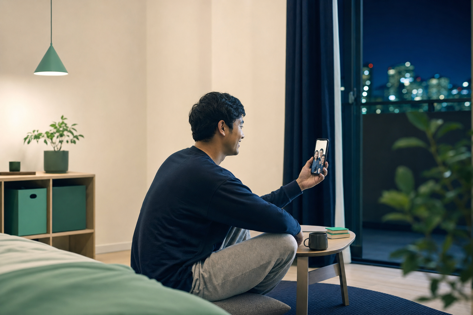 日本の小さなアパートの一室で、ネパール人の若者がスマートフォンで母国の家族とビデオ通話をしている夜の情景