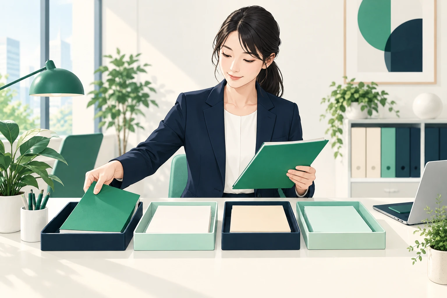 退職時に届出が必要な4つの提出先を、書類フォルダごとに仕分けする日本人の総務担当者