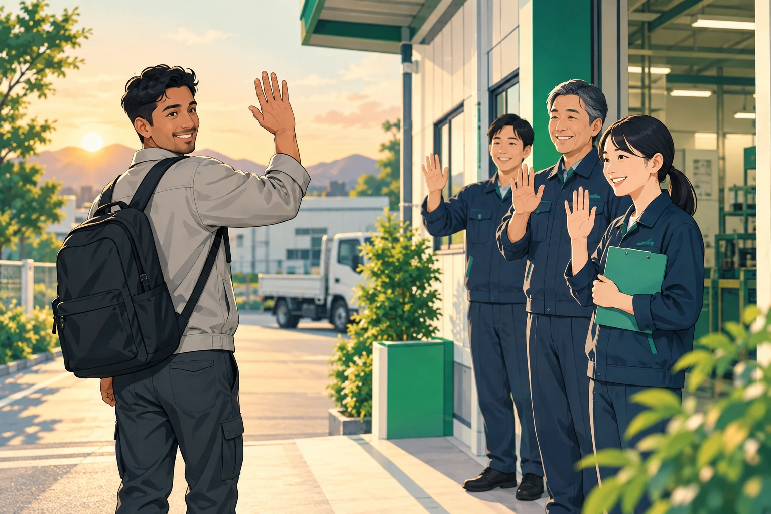 帰国する外国人材を工場の入口で見送る日本人の同僚たち