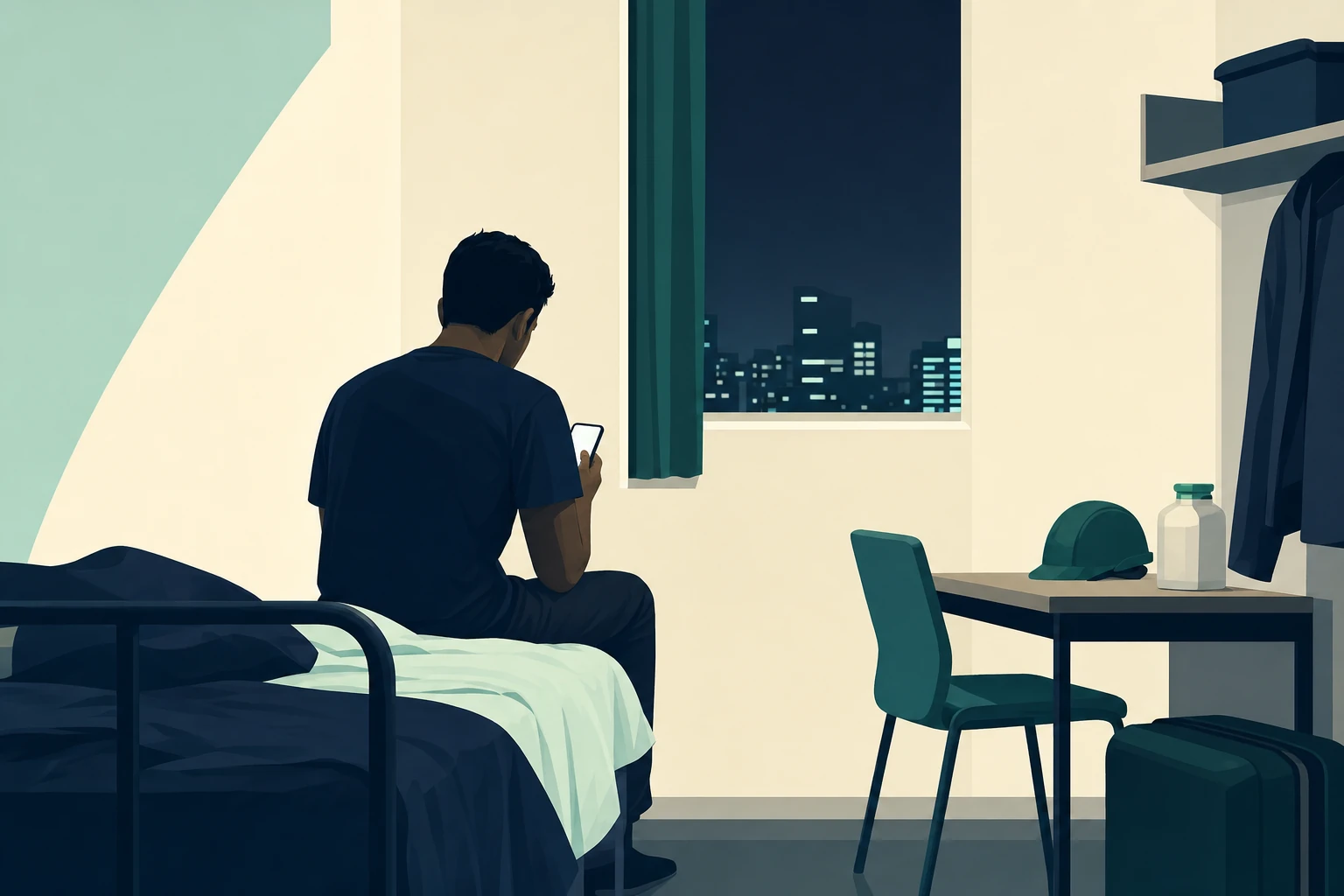 寮の部屋で一人スマートフォンを見る外国人労働者の後ろ姿。職場と寮を往復するだけの生活で進む孤立の情景