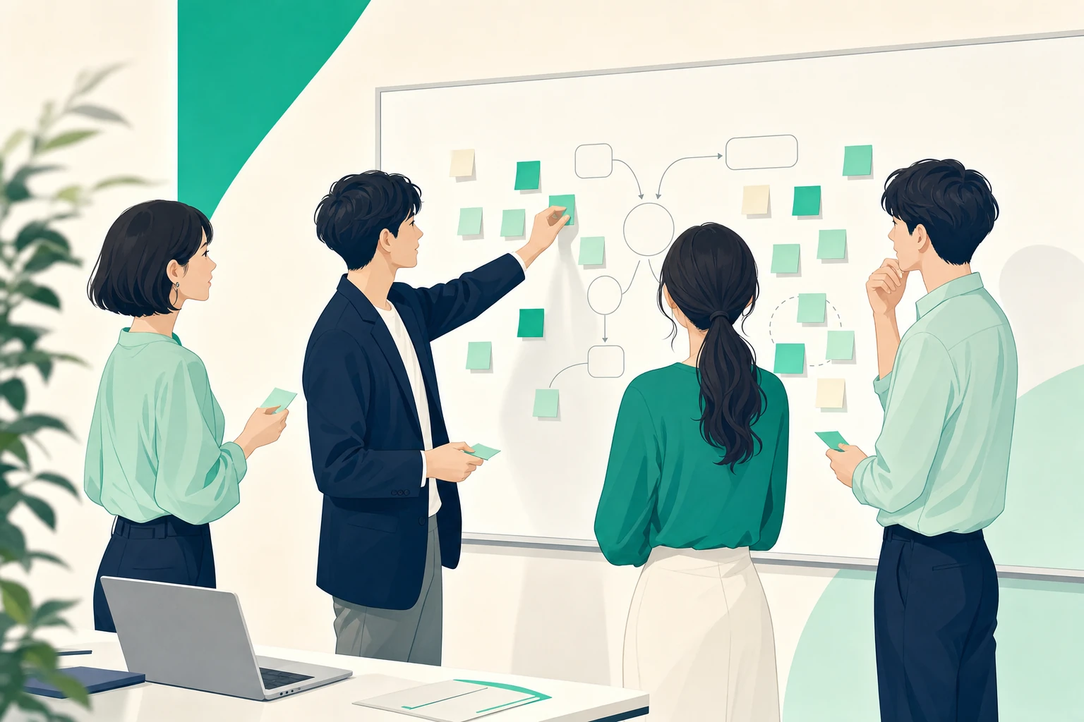 ホワイトボードに業務の流れを書き出し、複数人で手順を整理している職場の様子