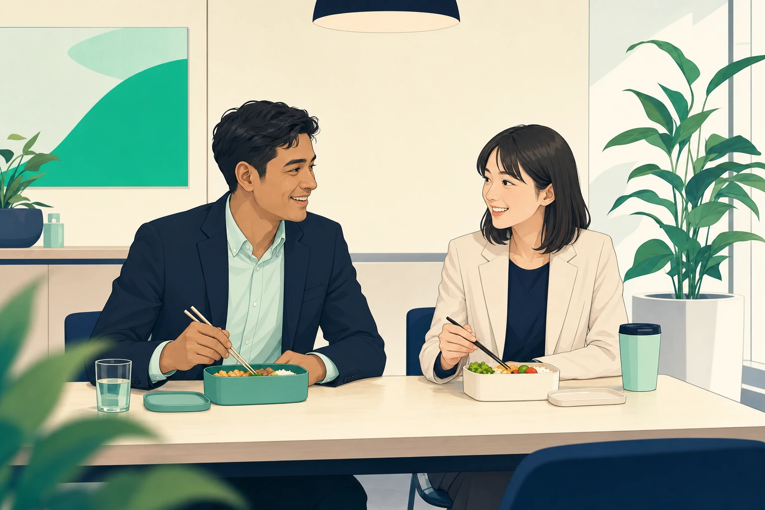 職場の休憩室でネパール人と日本人の同僚が一緒に昼食をとりながら話している場面