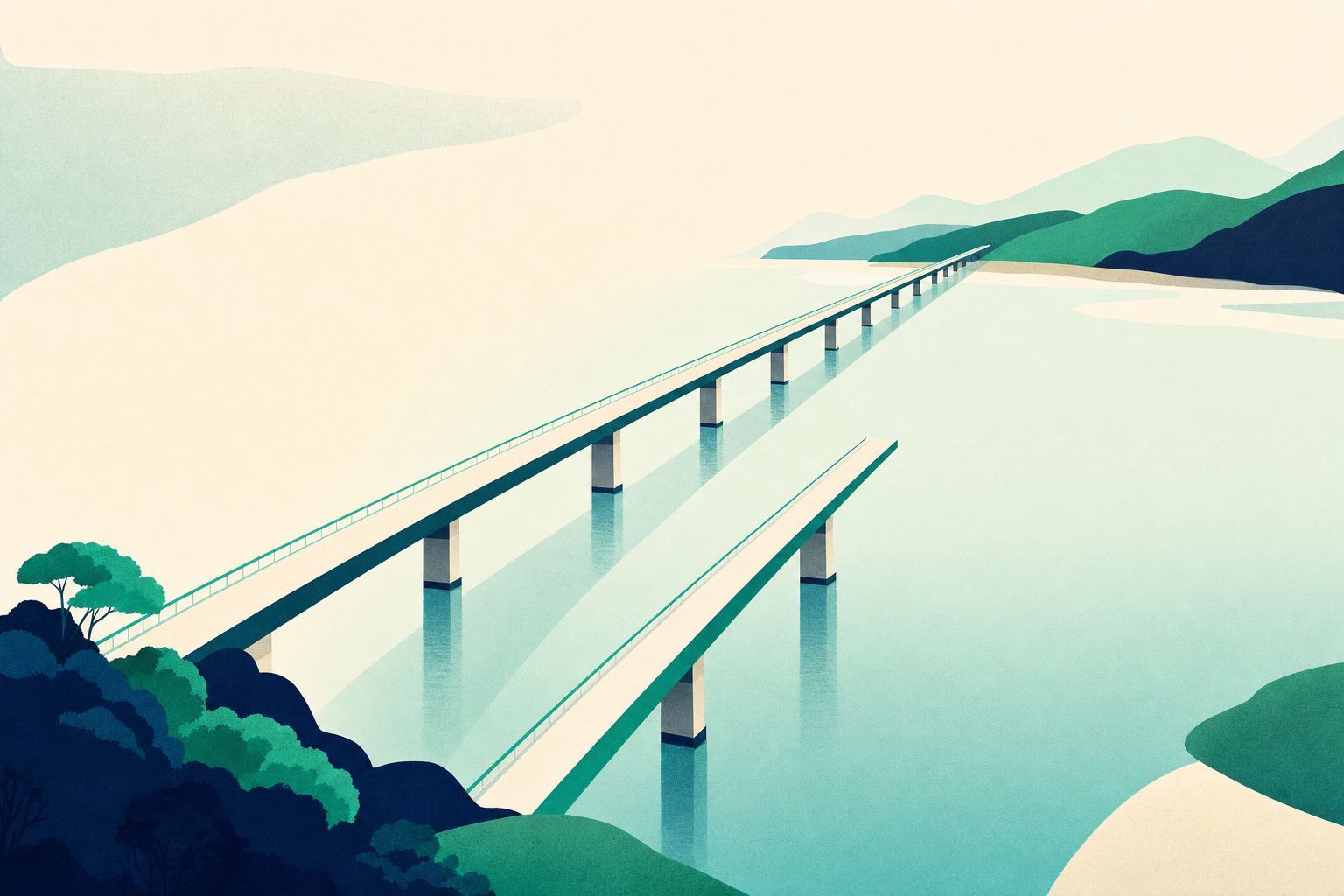 並んで架かる2本の橋のうち、片方が途中で途切れている俯瞰の情景