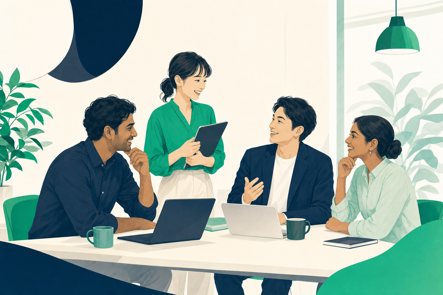 働きやすい職場で日本人社員と外国人材が並んで働く場面