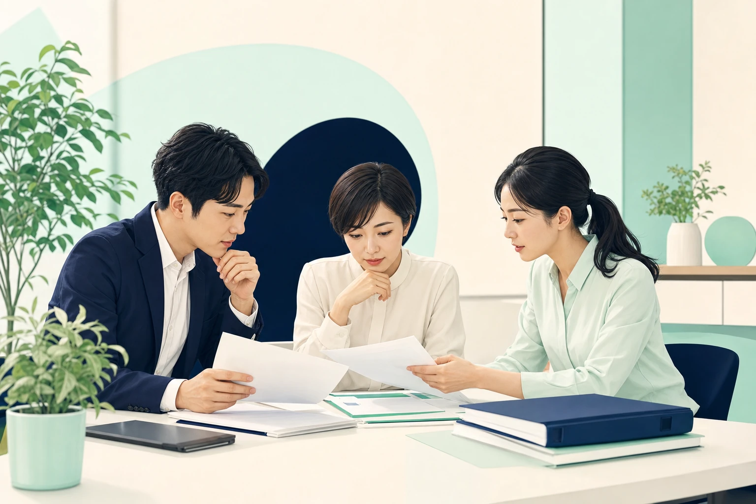 組合の事務局で監理支援機関の許可要件を確認する打ち合わせの様子