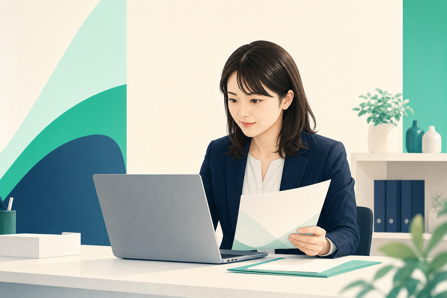 日本人の人事担当者がノートPCで公的な名簿を開き、手元の資料と照合している机上の場面