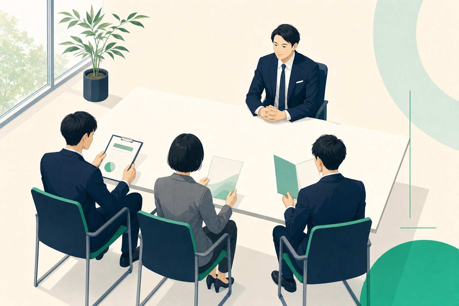 異なる立場の担当者3名がそれぞれ別の書類を手に、1人の経営者と向き合っている場面