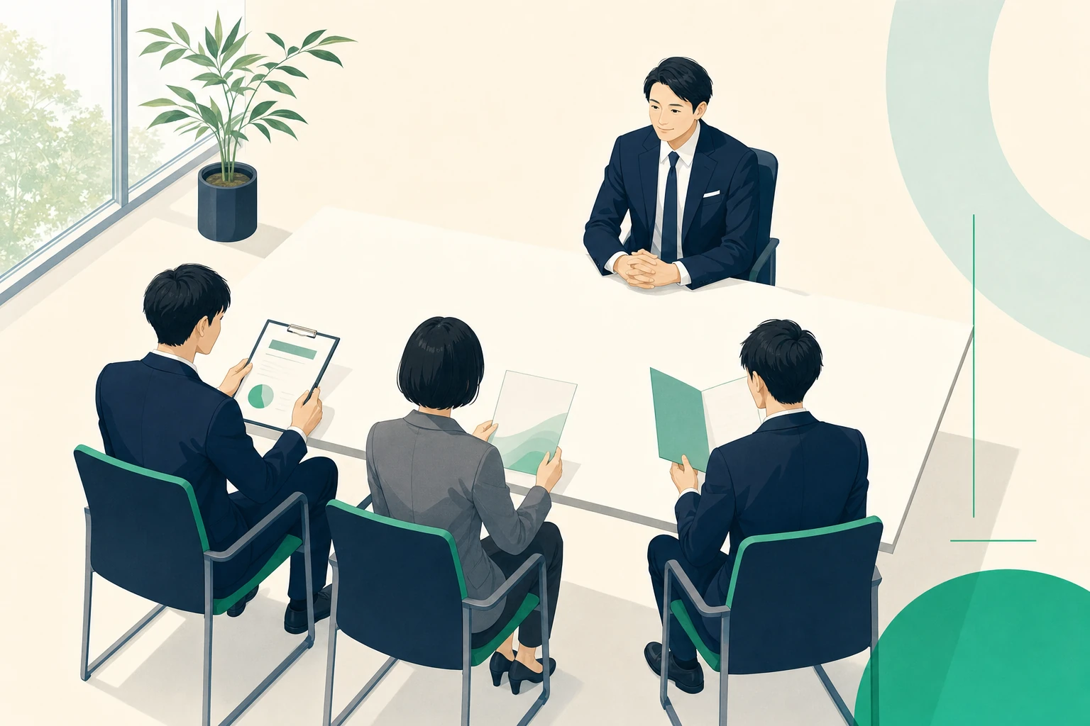 異なる立場の担当者3名がそれぞれ別の書類を手に、1人の経営者と向き合っている場面