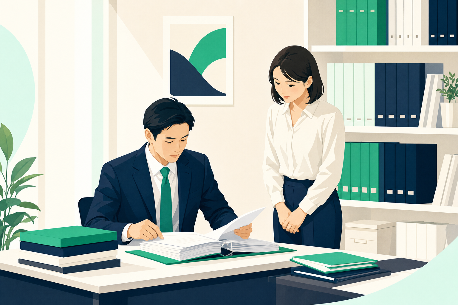 事業所で帳簿書類と設備を確認している監査の場面