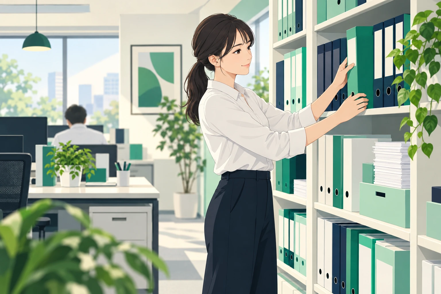 監査報告書と帳簿を整理している様子