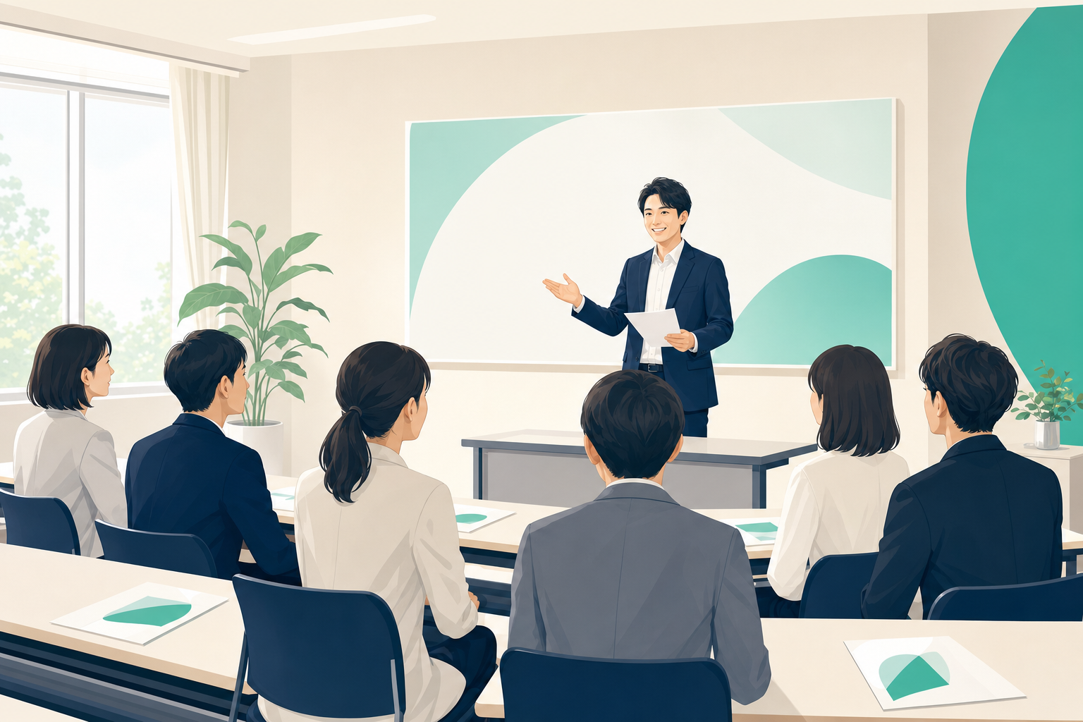 組合の担当者が会員企業の担当者に向けて説明会を行っている会議室の場面