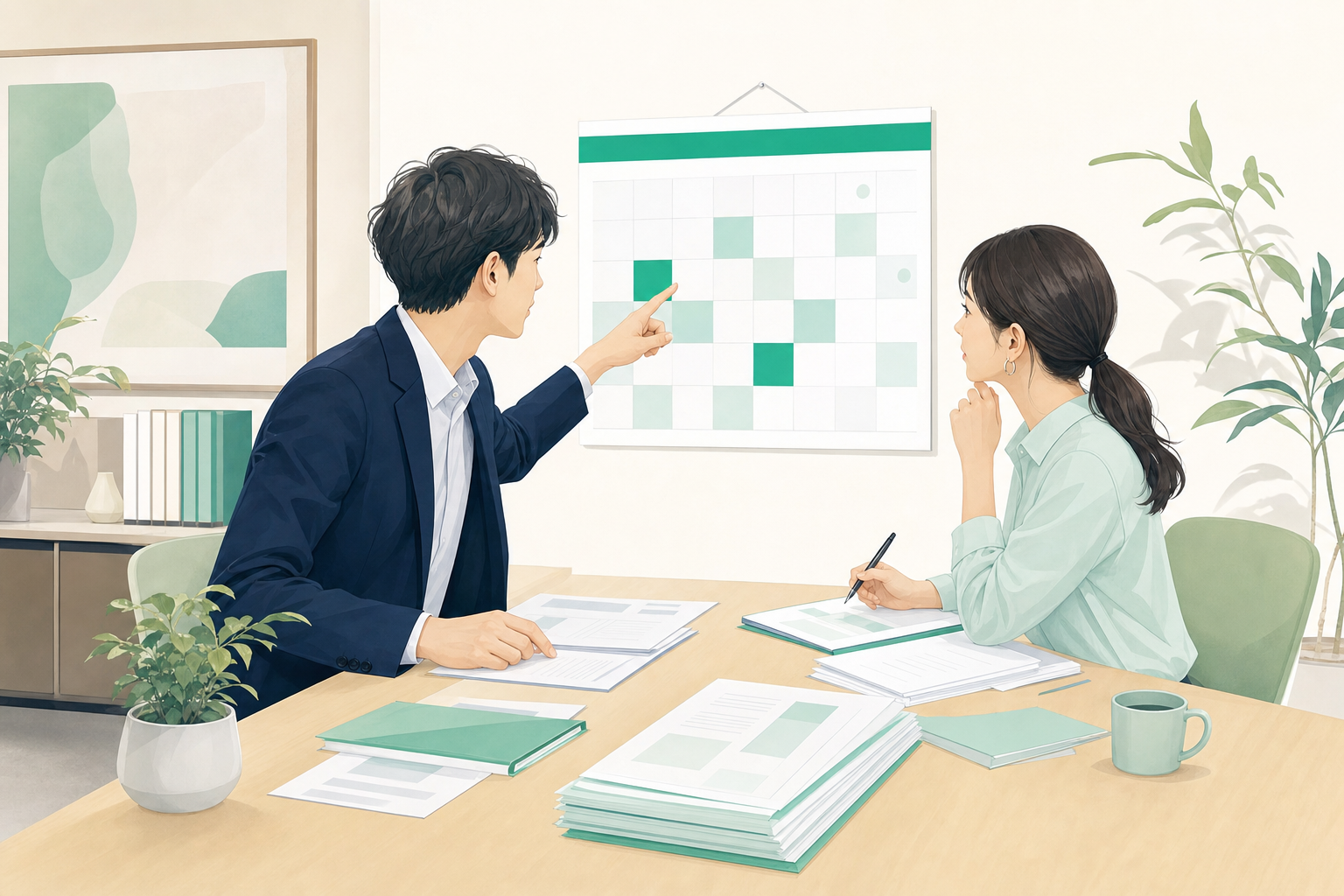 制度の切り替わりの節目に、カレンダーと申請書類を前に打ち合わせる日本人の担当者2名