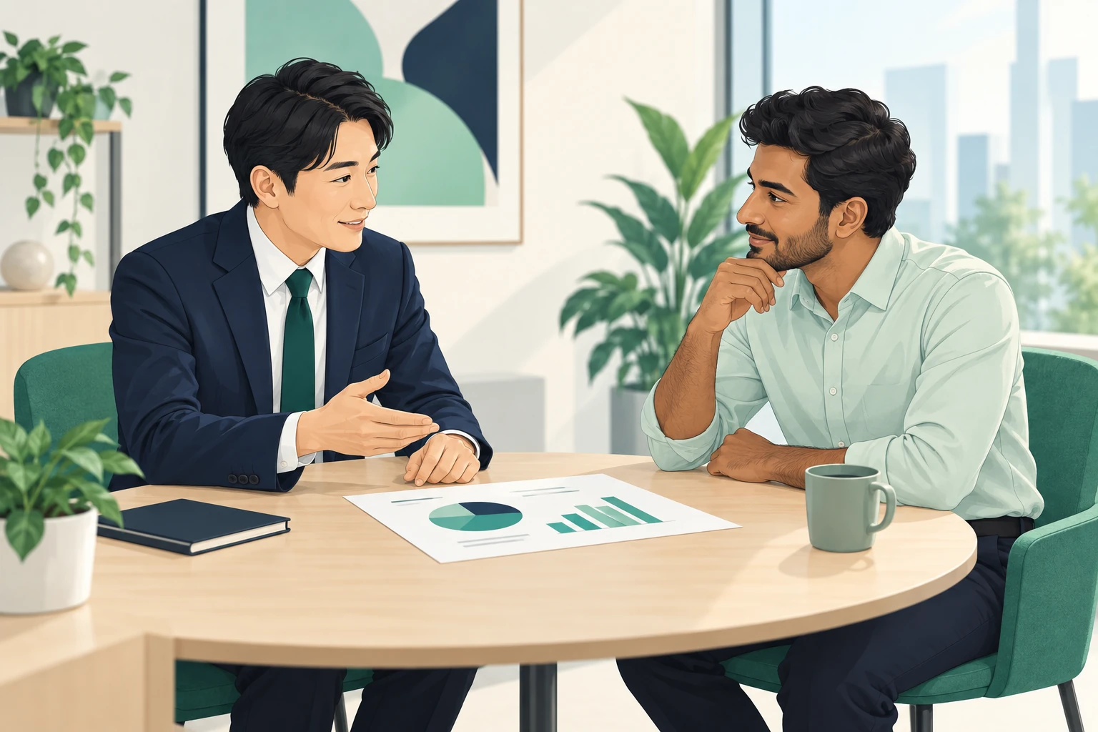 技能の習熟段階と昇給の見通しを面談で説明する場面。評価と昇給の条件を紙にして本人に渡す運用