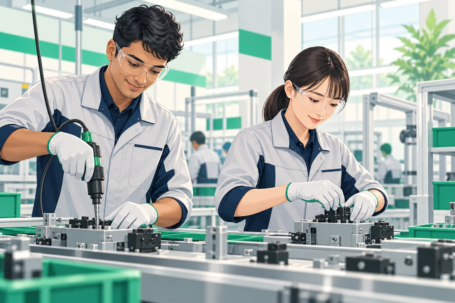 製造ラインで並んで作業する外国人材と日本人作業者。製造業は外国人労働者が最も多い産業だが伸び率は鈍化している