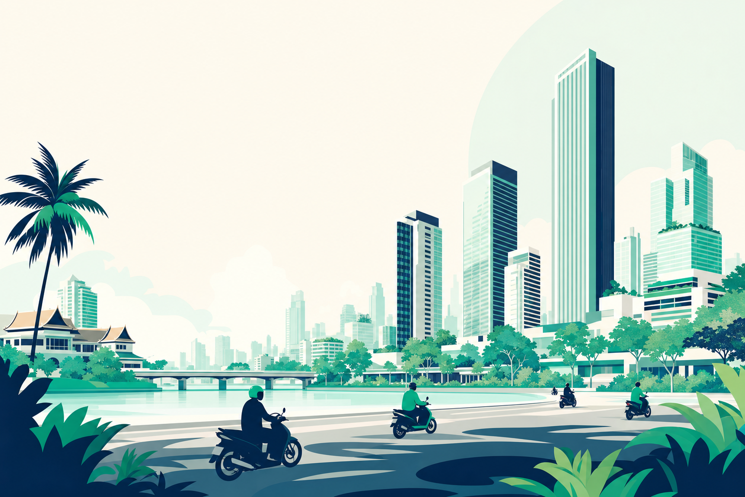 経済成長の途上にある東南アジアの都市。バイクと新しい高層ビルが混在する遠景