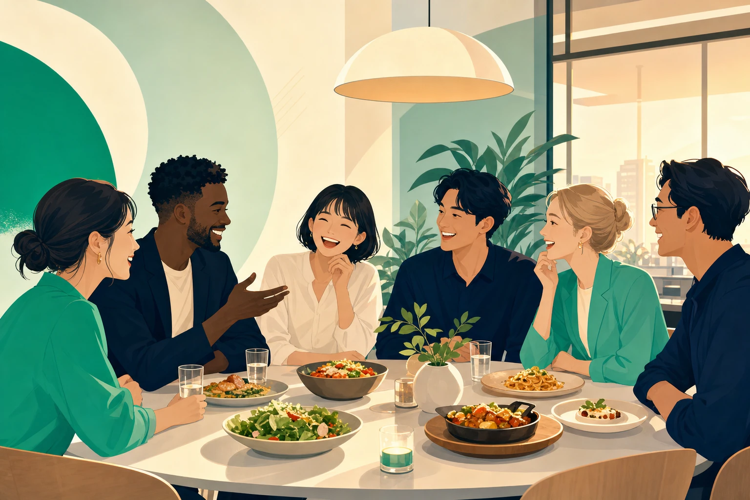 職場の歓迎会で、それぞれ違う料理を前に談笑する同僚たち