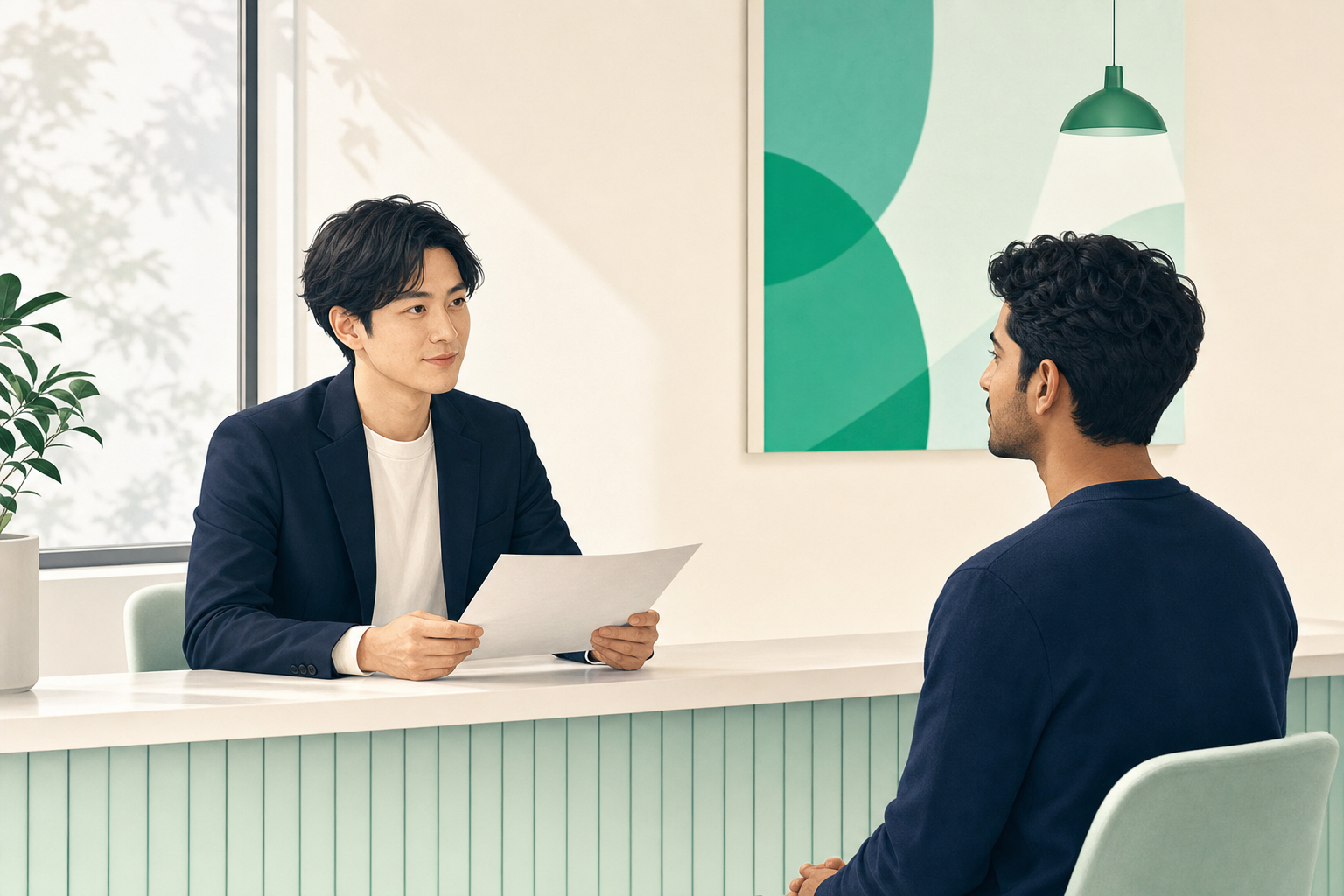カウンター越しに書類を確認しながら落ち着いて面談する採用担当者と応募者