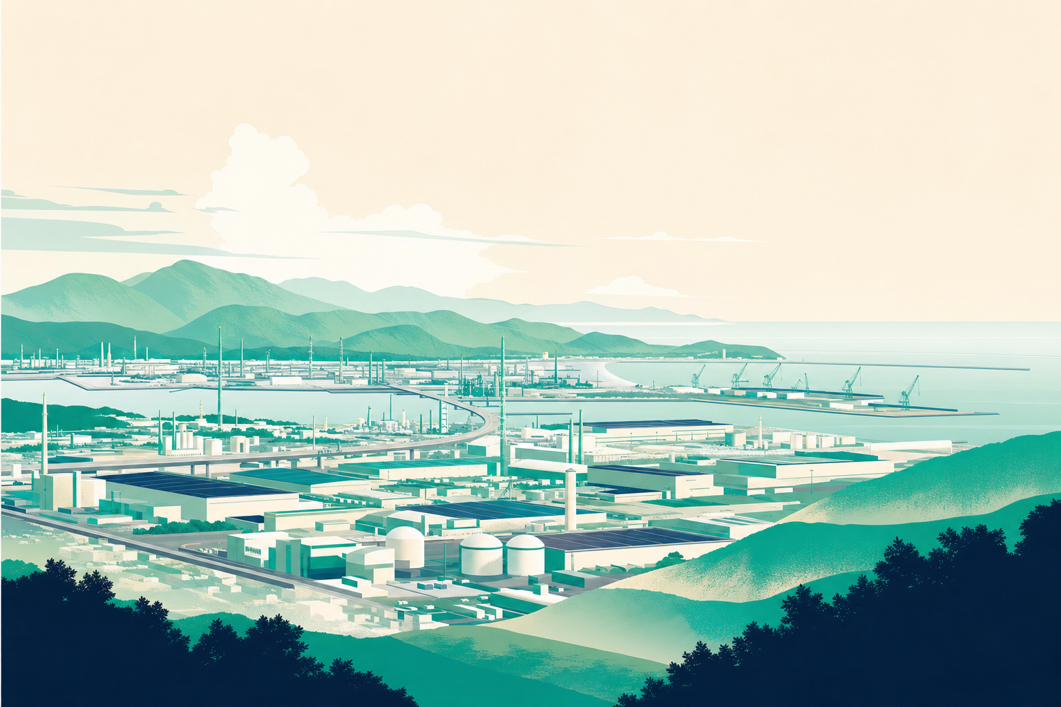 静岡県の内陸から臨海にかけて広がる工業地帯の遠景。県内に外国人を雇用する事業所が1万所以上ある地域の情景