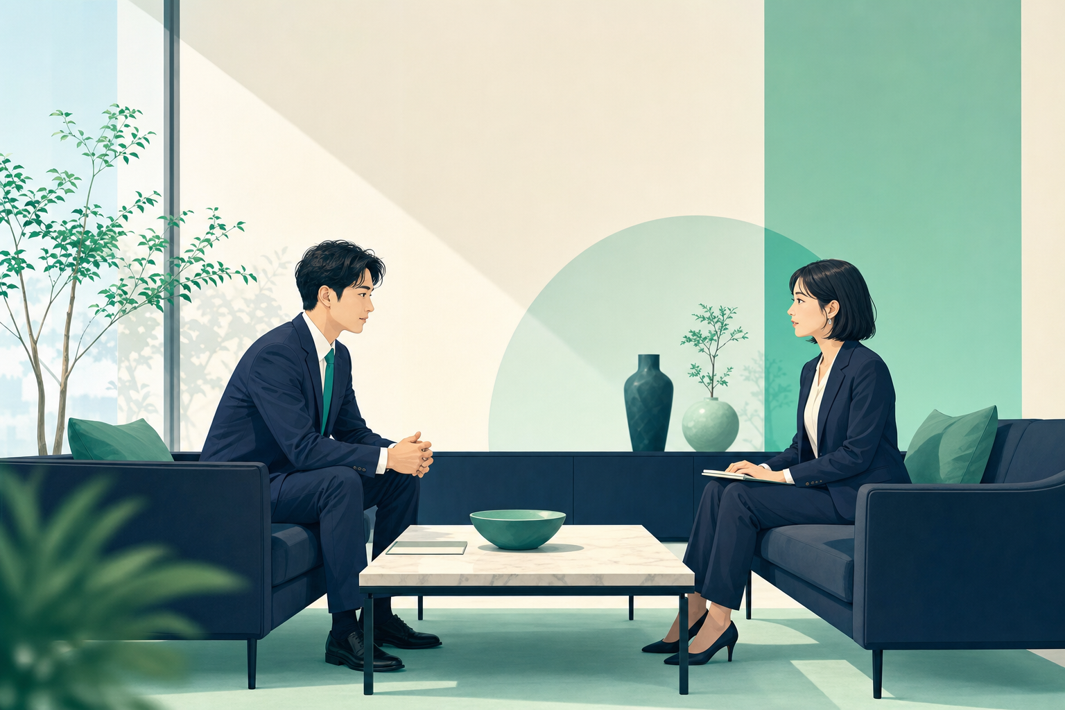 企業の応接室で、紹介会社の担当者と顧客企業の担当者が向き合って打ち合わせをしている場面