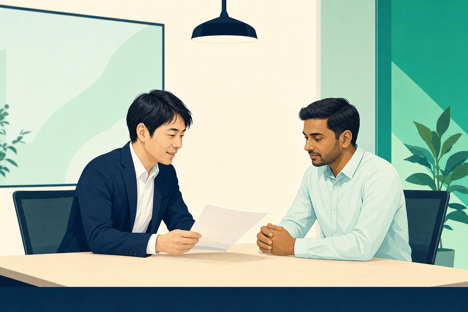 中小企業の会議室で同じ資料を挟んで話す日本人の採用担当者とネパール人の技術者