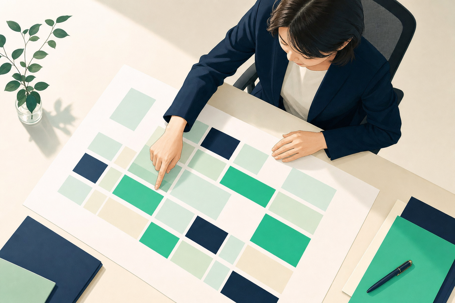 机に広げた在留資格の分類図を指でたどりながら整理する日本人の人事担当者