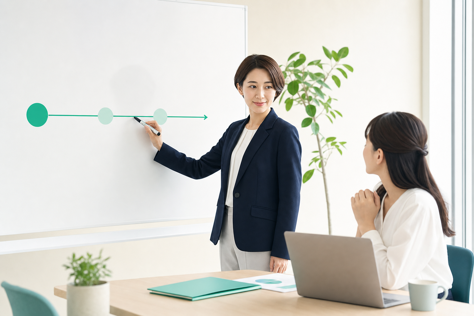 採用の逆算スケジュールをホワイトボードに引く日本人の採用担当者