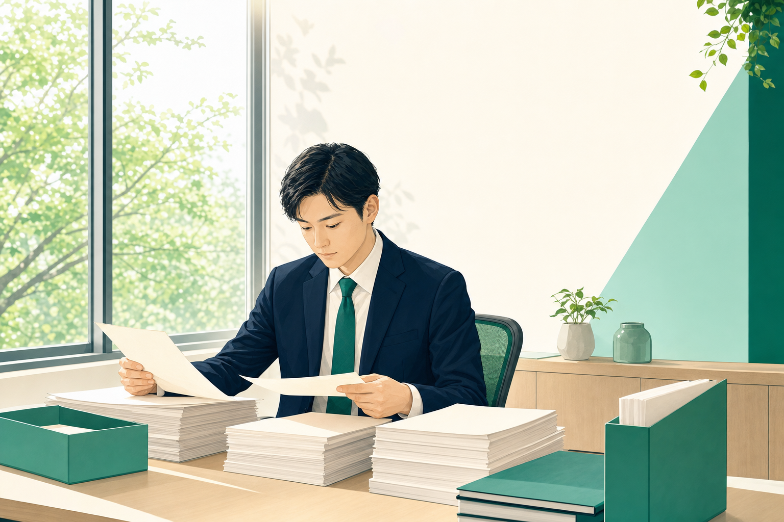 春の事務所で年度分の書類をまとめている日本人の担当者