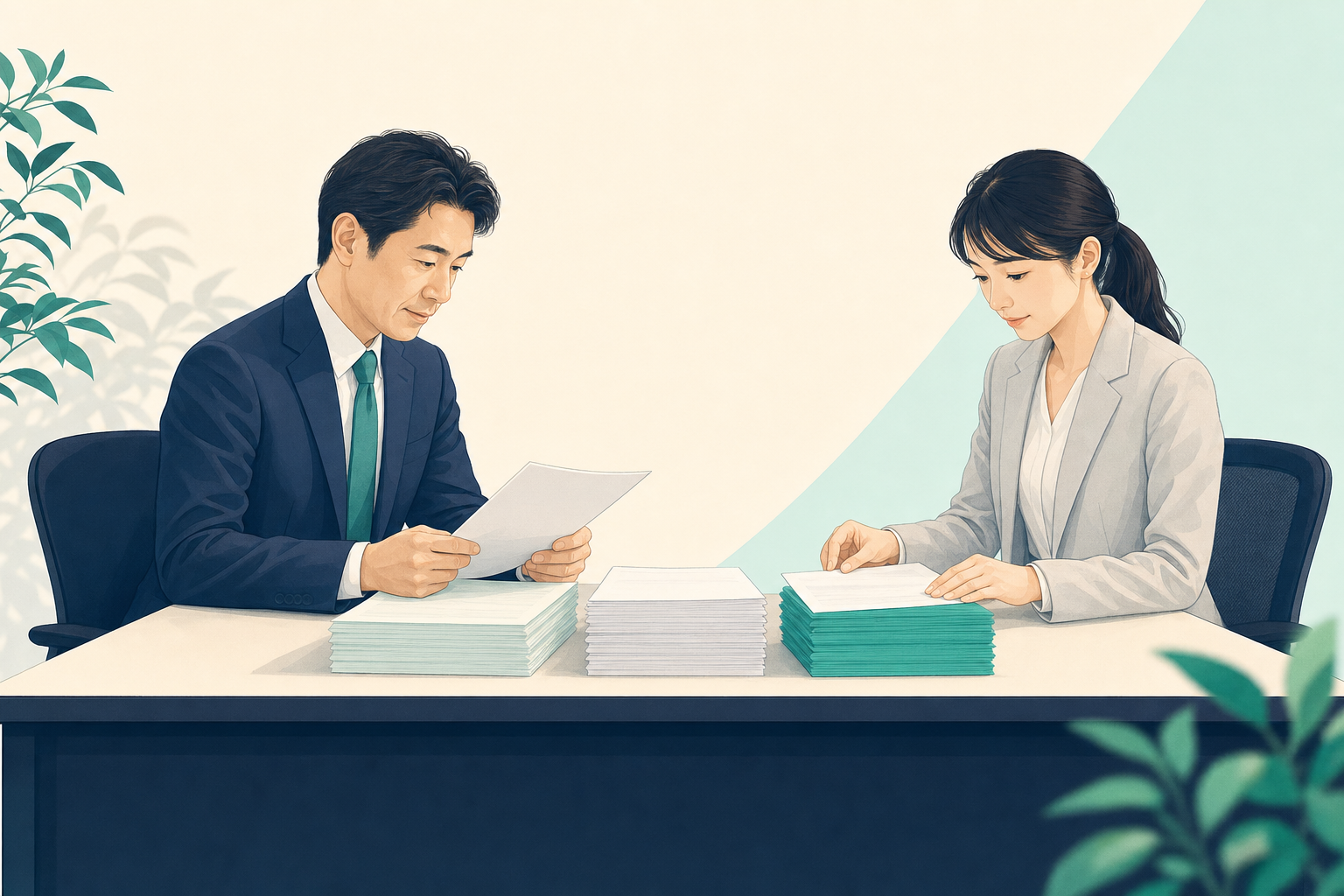 書類の束を挟んで打ち合わせをする日本人の人事担当と行政書士