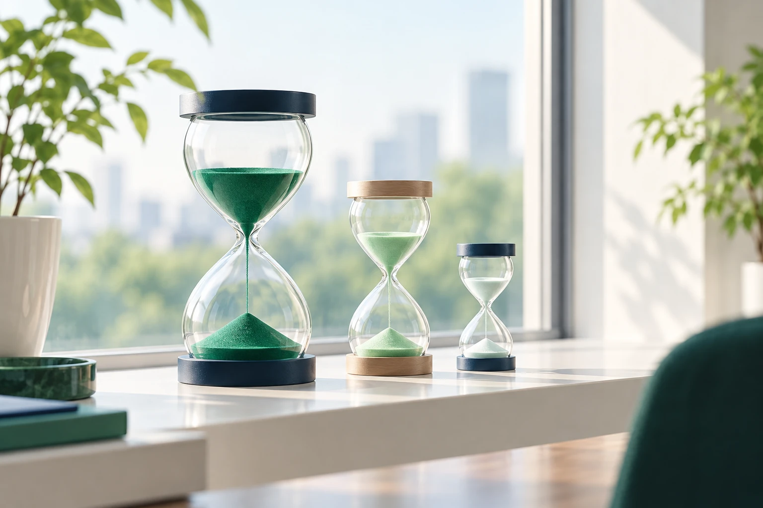 数年分の時間の流れを表す、窓辺に並んだ大きさの違う3つの砂時計