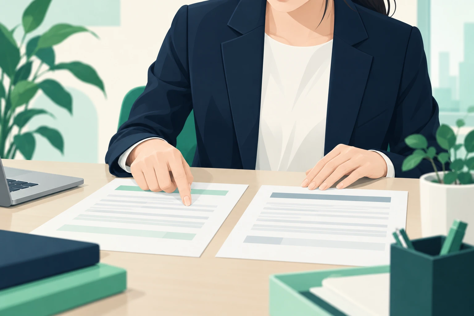 日本人の人事担当者が、変更前と変更後の雇用条件書を2枚並べて見比べている手元