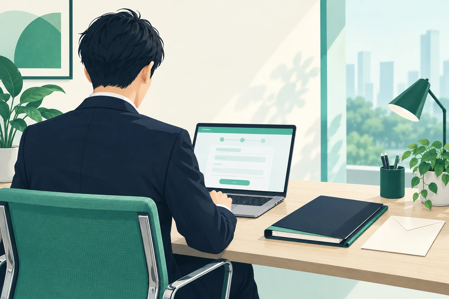ノートパソコンで電子届出の画面に向かう担当者の後ろ姿と、横に置かれた書類のファイル