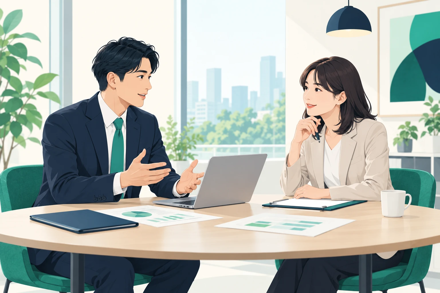 受入れ企業の日本人担当者と登録支援機関の日本人担当者が、打ち合わせ席で書類を前に話している場面